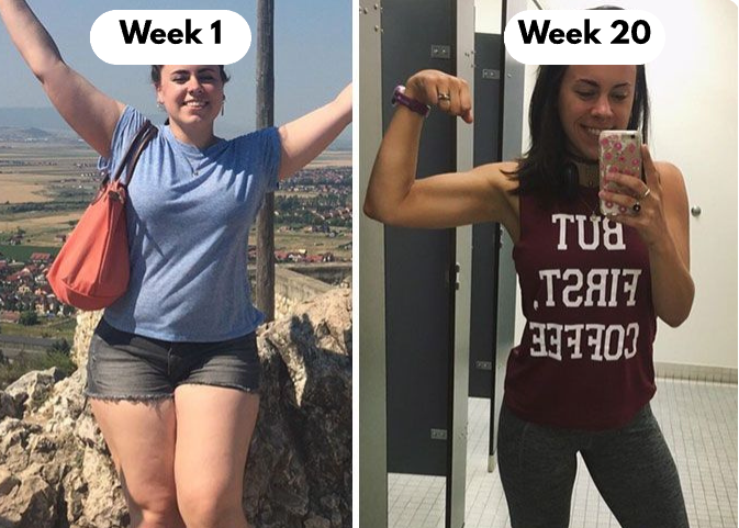 Before and after comparison of a woman's fitness journey, standing on a rocky landscape and taking a selfie indoors.